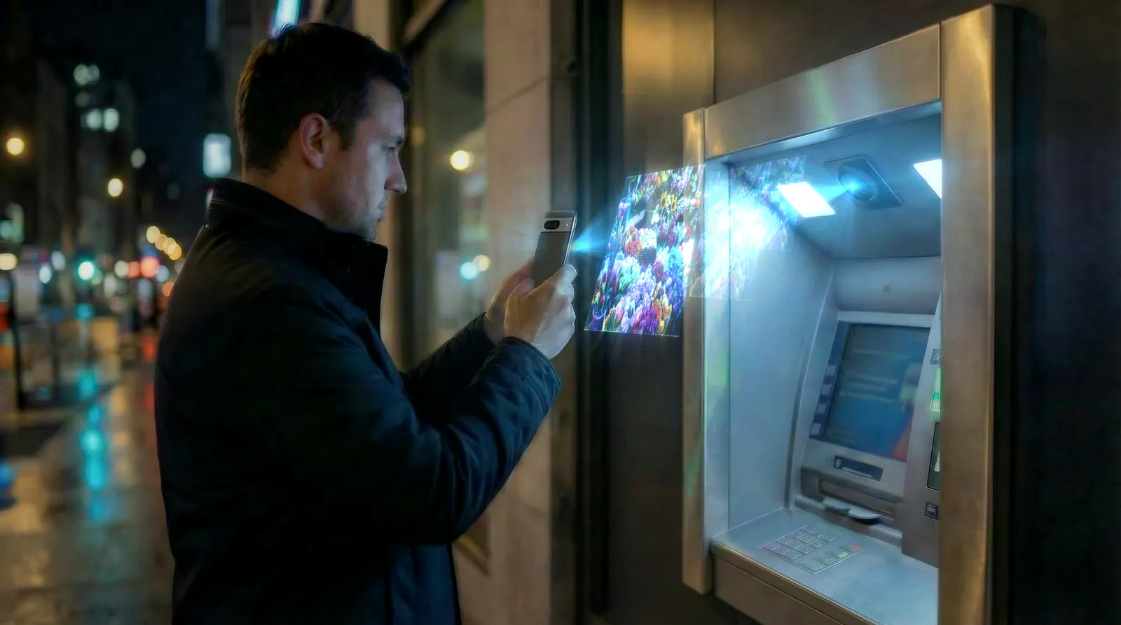 A person authenticating at a street ATM at night using a phone that projects light onto the machine