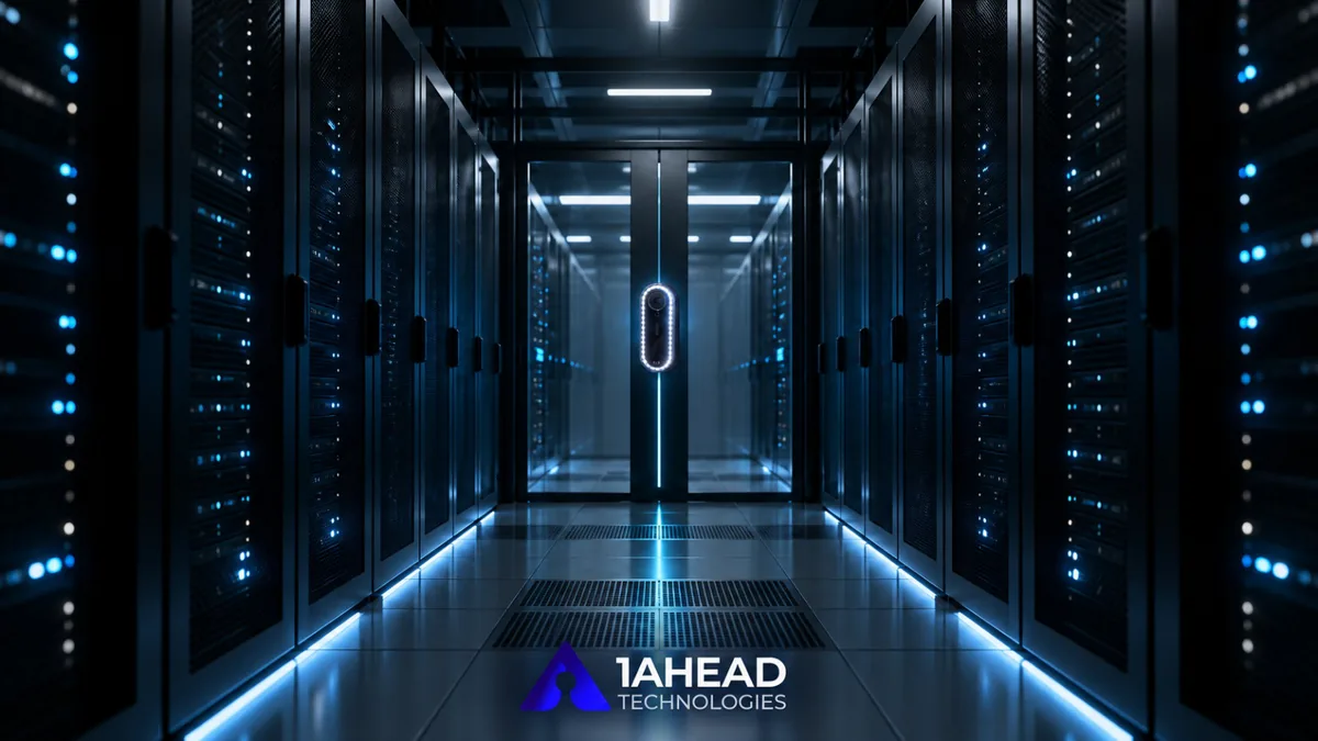 A data center corridor secured by a 1AHEAD access device on the server hall door