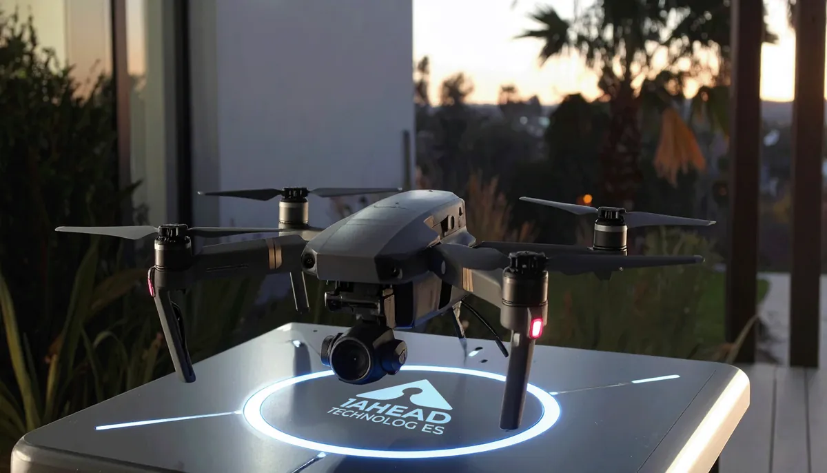 An autonomous delivery drone lowering a package onto an illuminated GLO landing pad outside a house