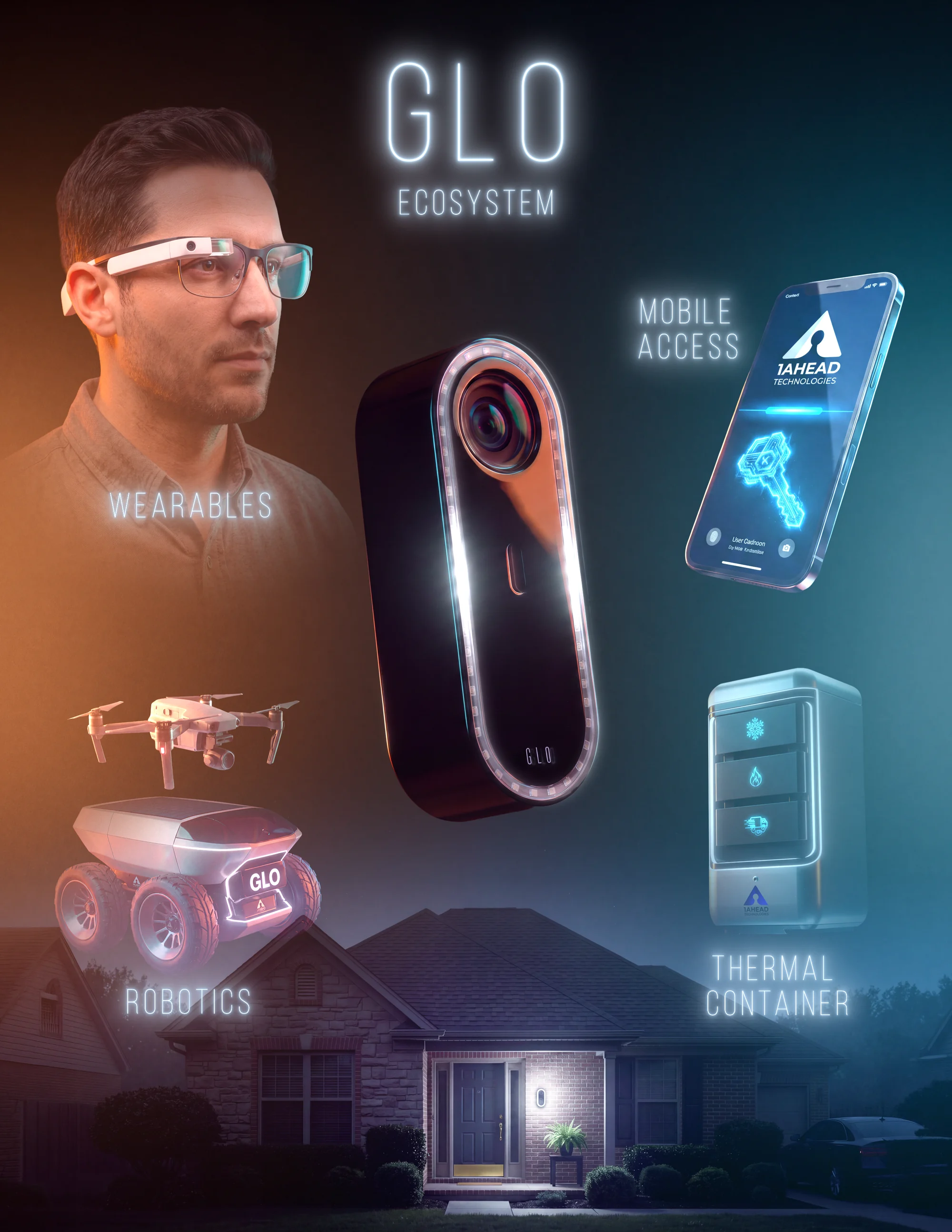 The GLO ecosystem: the GLO device at the center, connected to wearables, mobile access, robotics and drones, and the thermal custody container