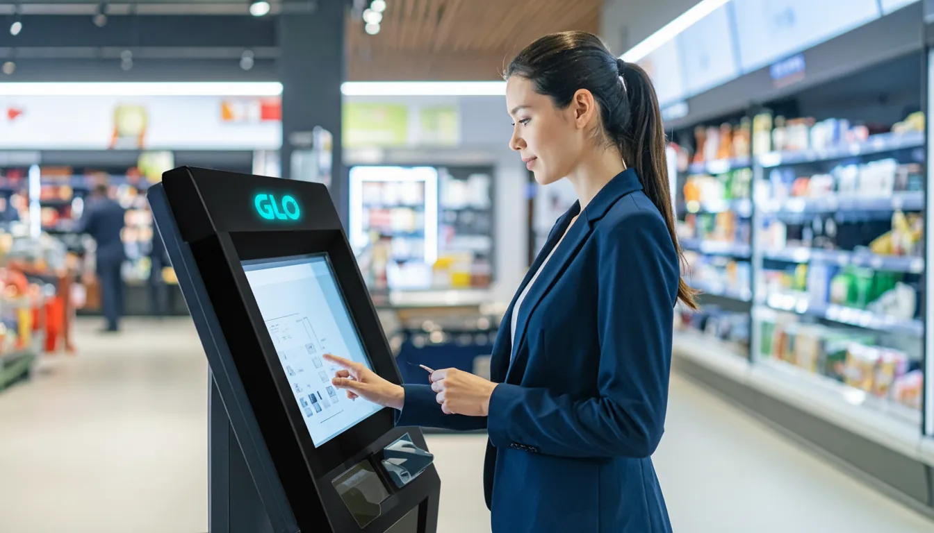 A shopper using a GLO-enabled self-service kiosk in a supermarket