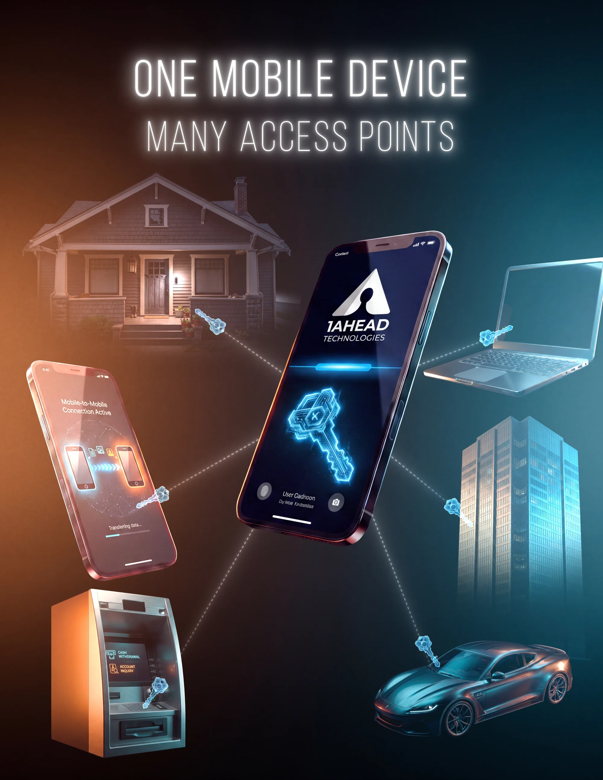 One mobile device connecting to many access points: a home, a laptop, an ATM, a car and an office building, each opened by an encrypted image key