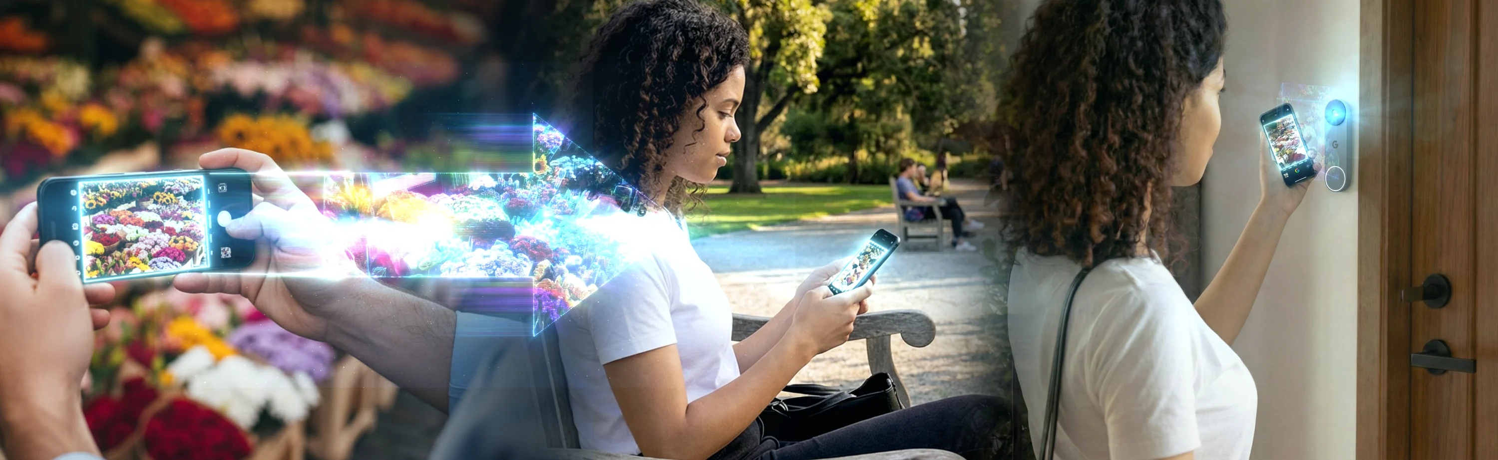A photo taken on one phone travels as an encrypted image key to another phone, then opens a door