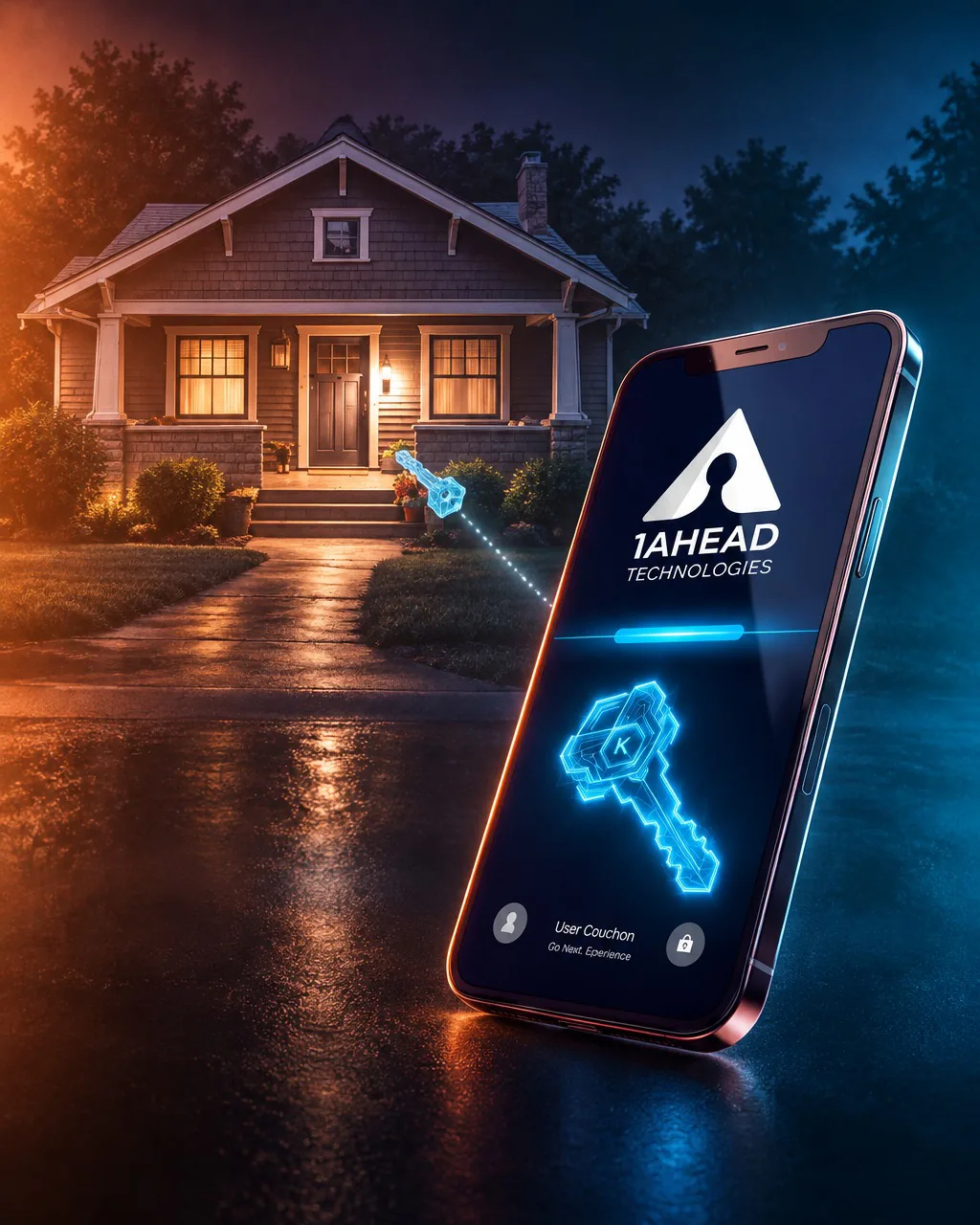 A phone displaying an encrypted 1AHEAD image key, unlocking the front door of a house at night