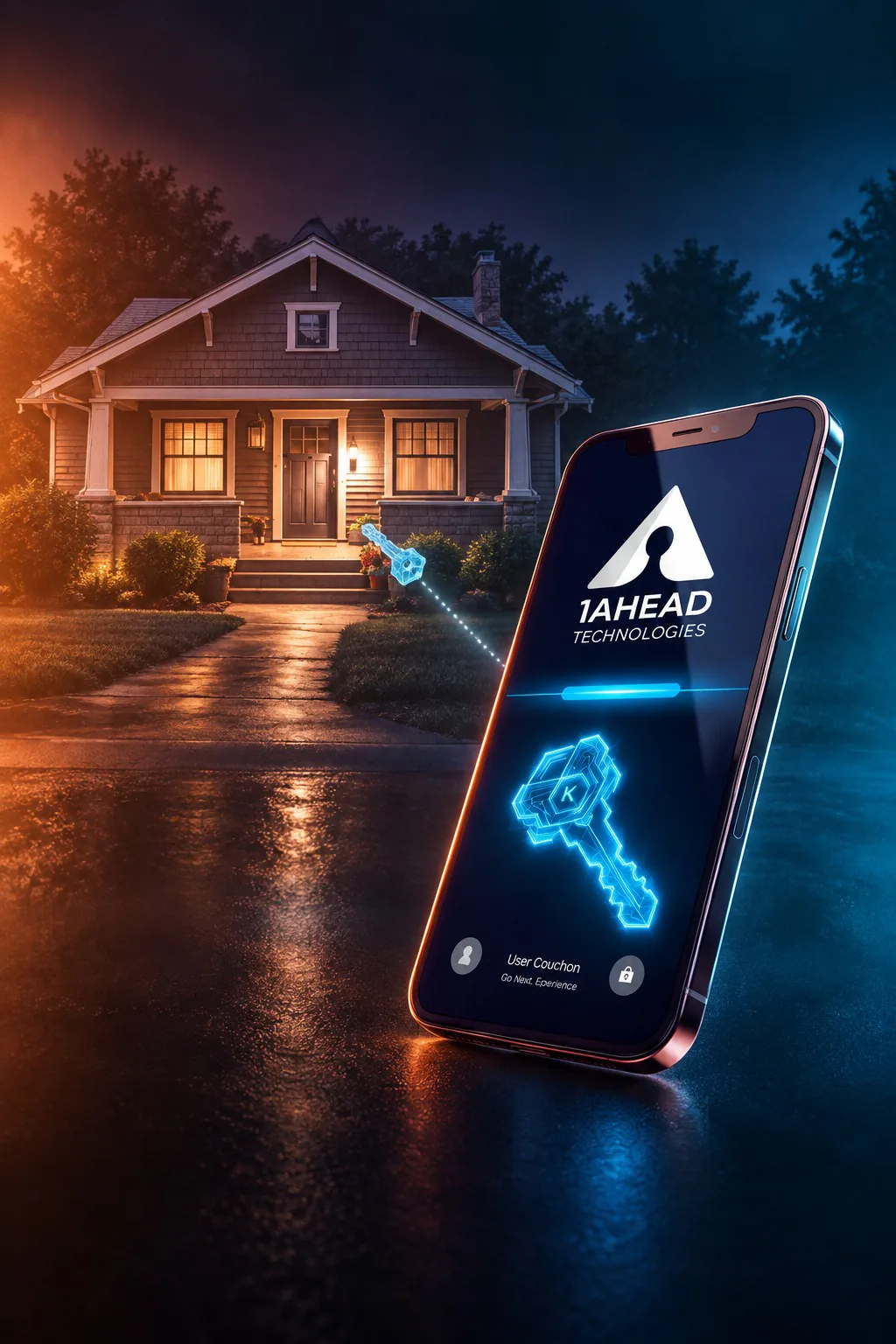 A phone holding an encrypted 1AHEAD image key, unlocking the front door of a house at night